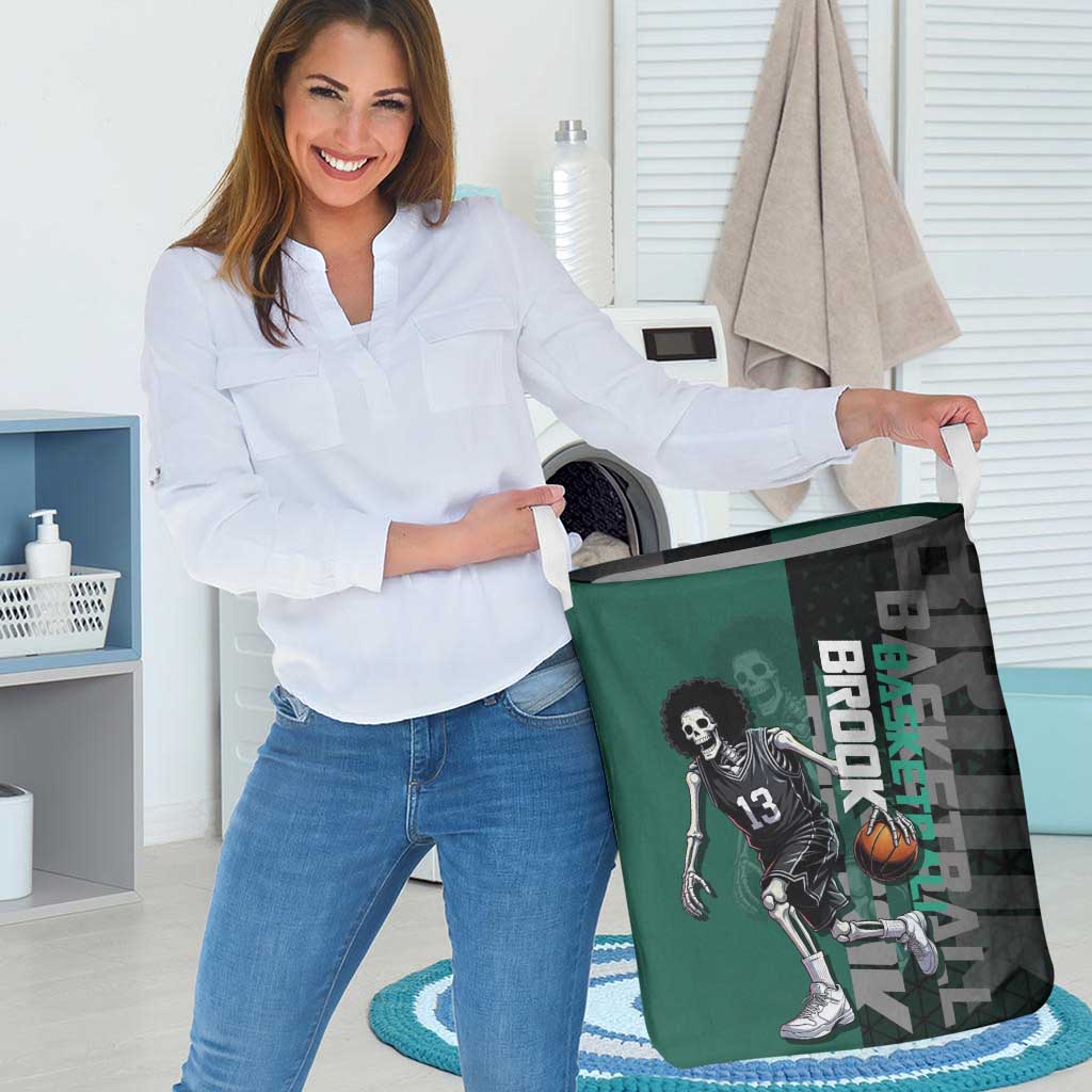 Brook One Piece Basketball Theme Green and Black Design Laundry Basket with Skull Emblem and Energetic Pose - The Mazicc