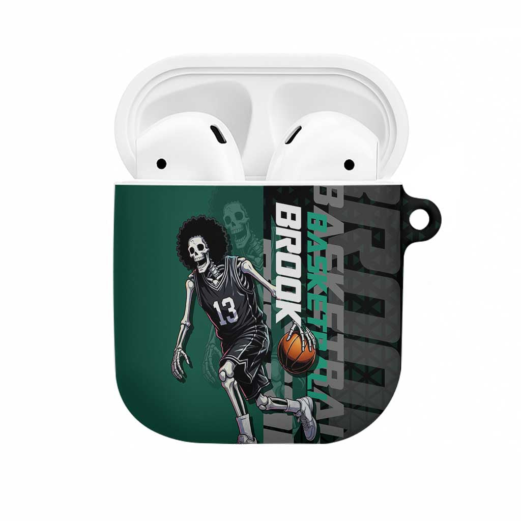 Brook One Piece Basketball Theme Green and Black Design AirPods Case with Skull Emblem and Energetic Pose - The Mazicc