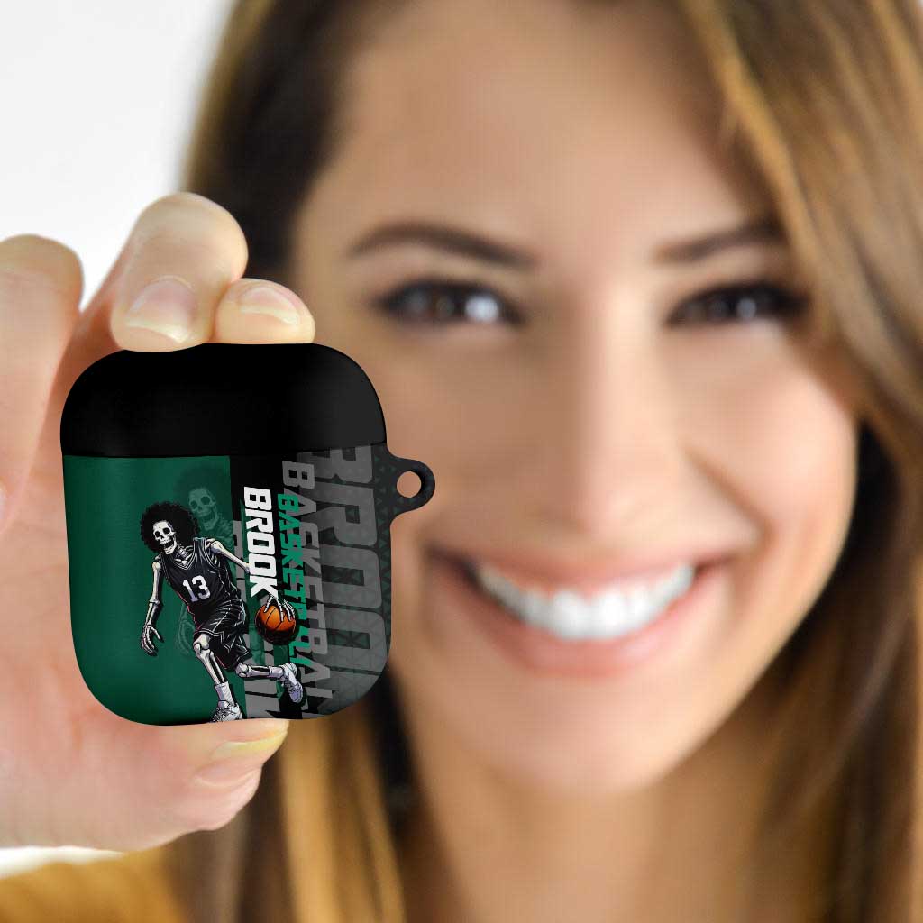Brook One Piece Basketball Theme Green and Black Design AirPods Case with Skull Emblem and Energetic Pose - The Mazicc