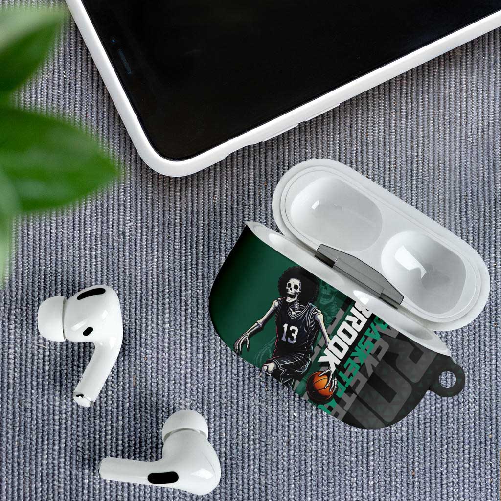 Brook One Piece Basketball Theme Green and Black Design AirPods Case with Skull Emblem and Energetic Pose - The Mazicc