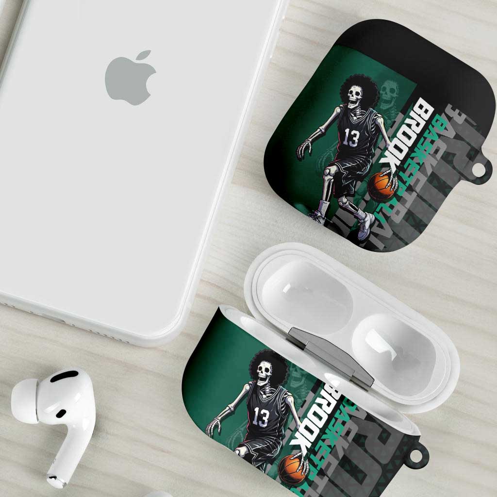 Brook One Piece Basketball Theme Green and Black Design AirPods Case with Skull Emblem and Energetic Pose - The Mazicc