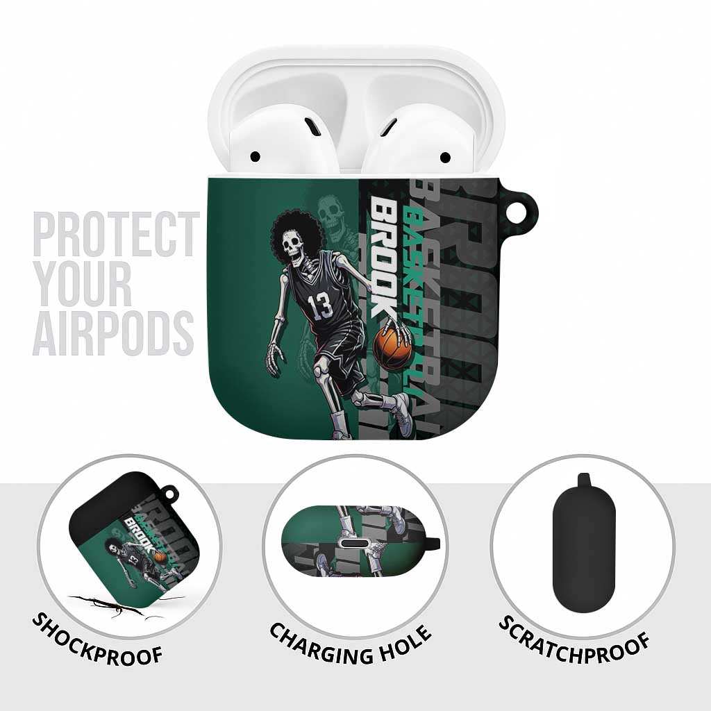 Brook One Piece Basketball Theme Green and Black Design AirPods Case with Skull Emblem and Energetic Pose - The Mazicc