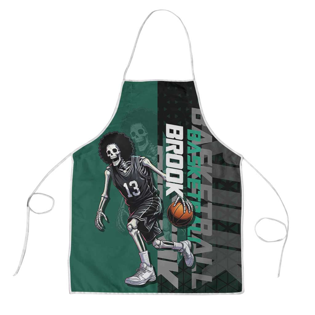 Brook One Piece Basketball Theme Green and Black Design Apron with Skull Emblem and Energetic Pose - The Mazicc