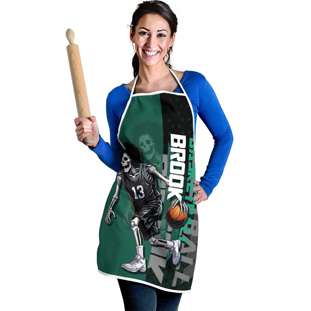 Brook One Piece Basketball Theme Green and Black Design Apron with Skull Emblem and Energetic Pose - The Mazicc