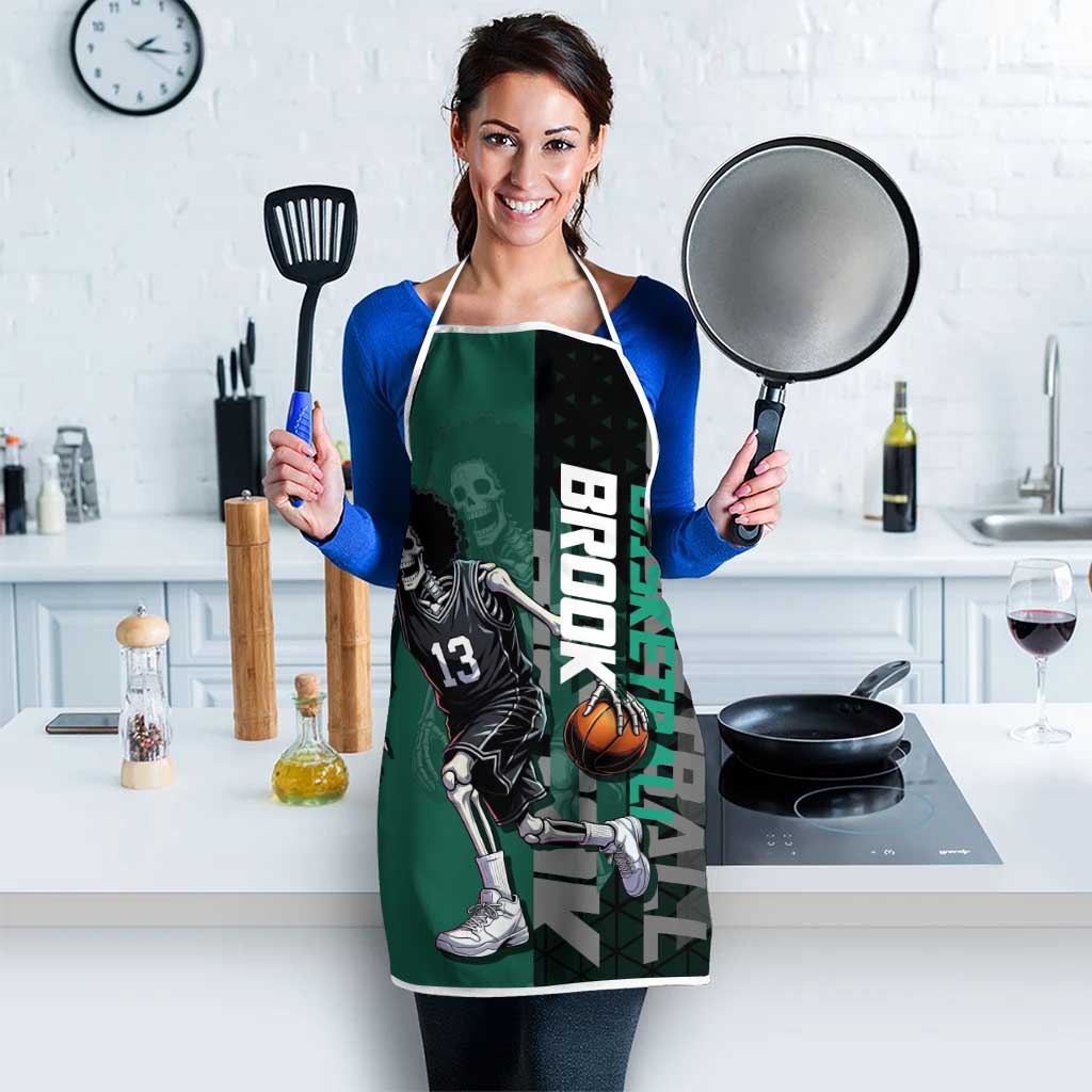 Brook One Piece Basketball Theme Green and Black Design Apron with Skull Emblem and Energetic Pose - The Mazicc