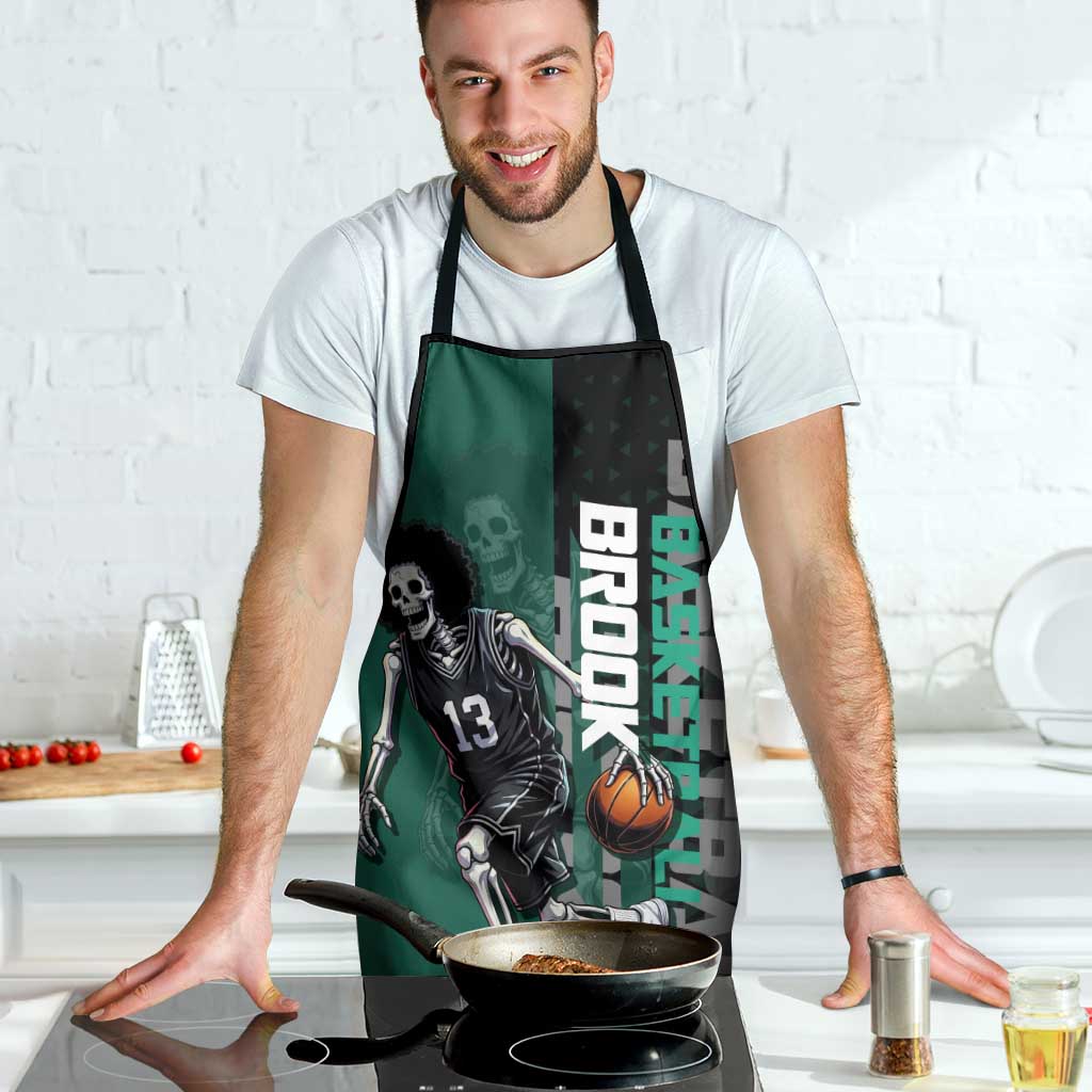 Brook One Piece Basketball Theme Green and Black Design Apron with Skull Emblem and Energetic Pose - The Mazicc