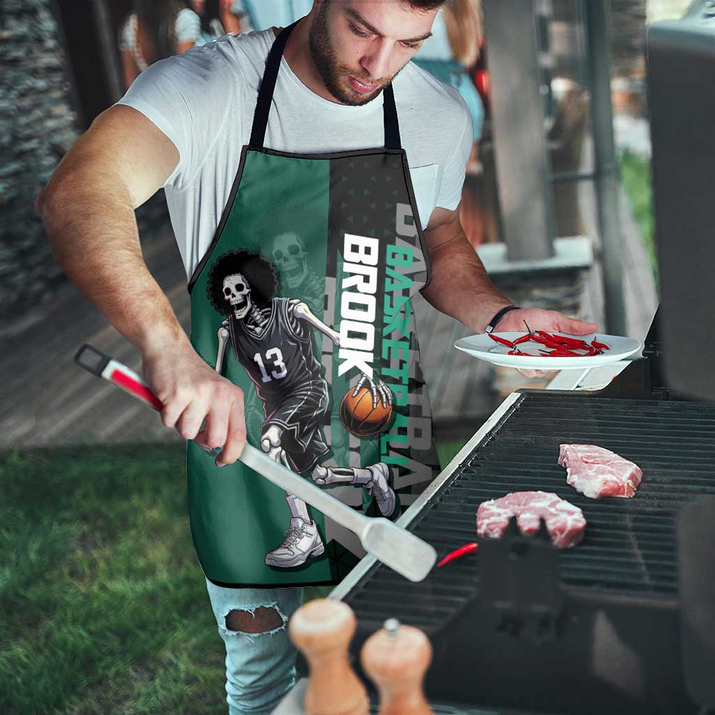 Brook One Piece Basketball Theme Green and Black Design Apron with Skull Emblem and Energetic Pose - The Mazicc