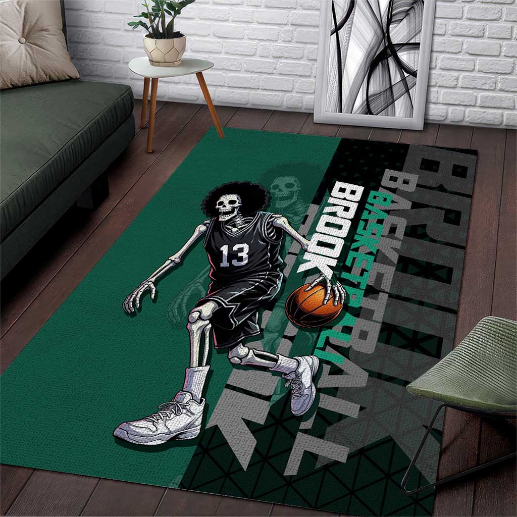 Brook One Piece Basketball Theme Green and Black Design Area Rug with Skull Emblem and Energetic Pose - The Mazicc