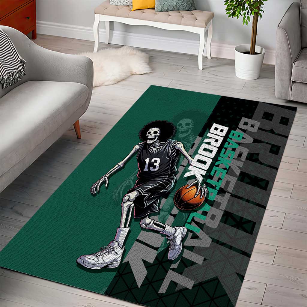 Brook One Piece Basketball Theme Green and Black Design Area Rug with Skull Emblem and Energetic Pose - The Mazicc