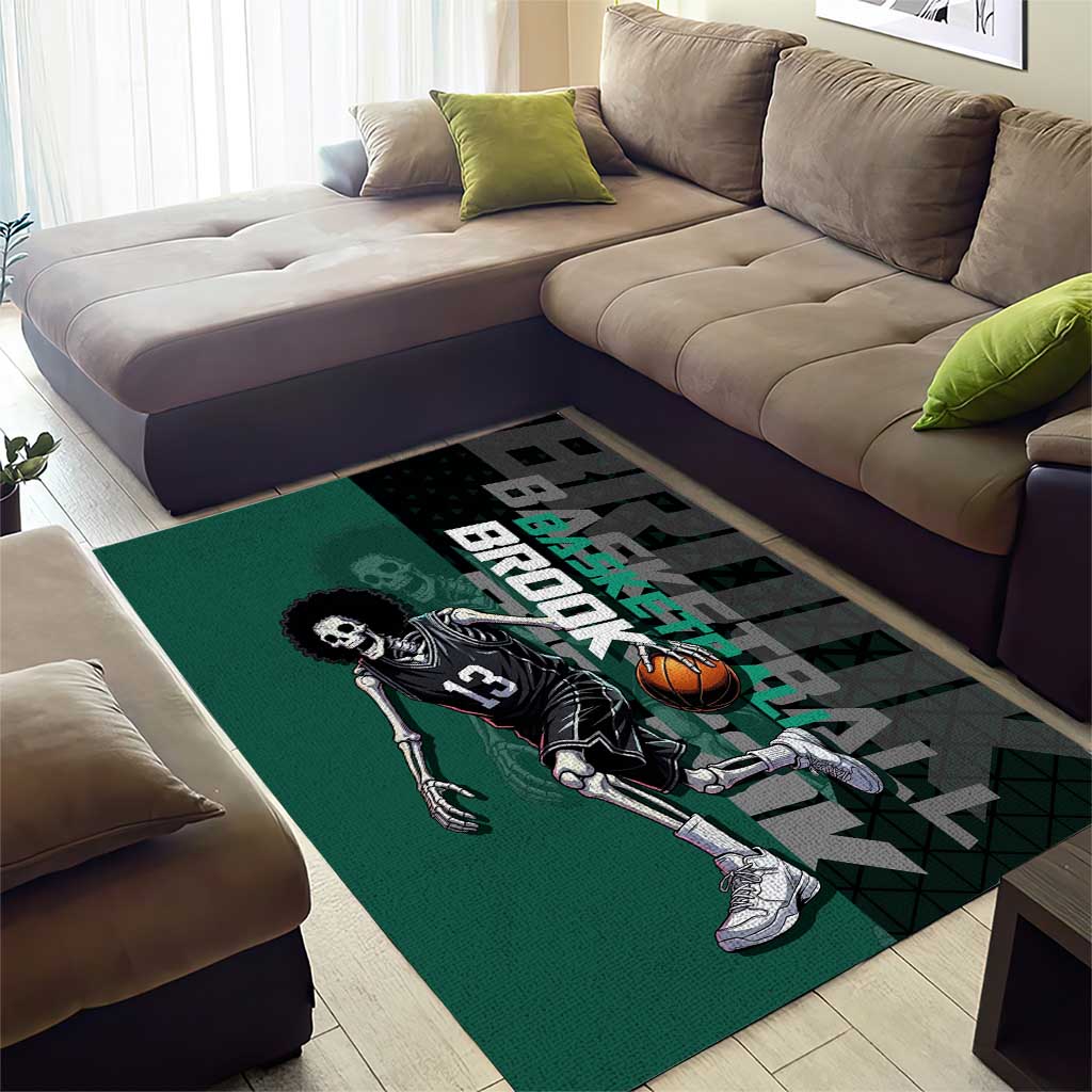 Brook One Piece Basketball Theme Green and Black Design Area Rug with Skull Emblem and Energetic Pose - The Mazicc