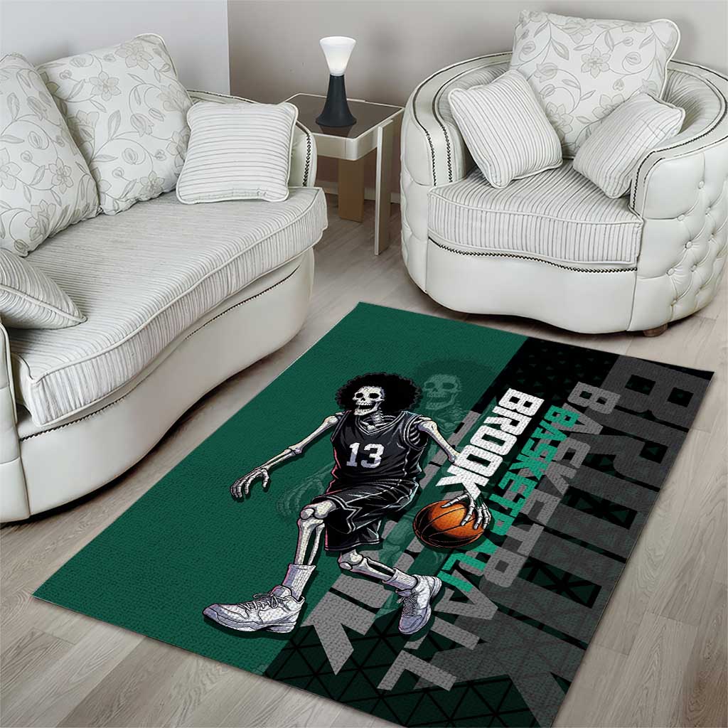 Brook One Piece Basketball Theme Green and Black Design Area Rug with Skull Emblem and Energetic Pose - The Mazicc
