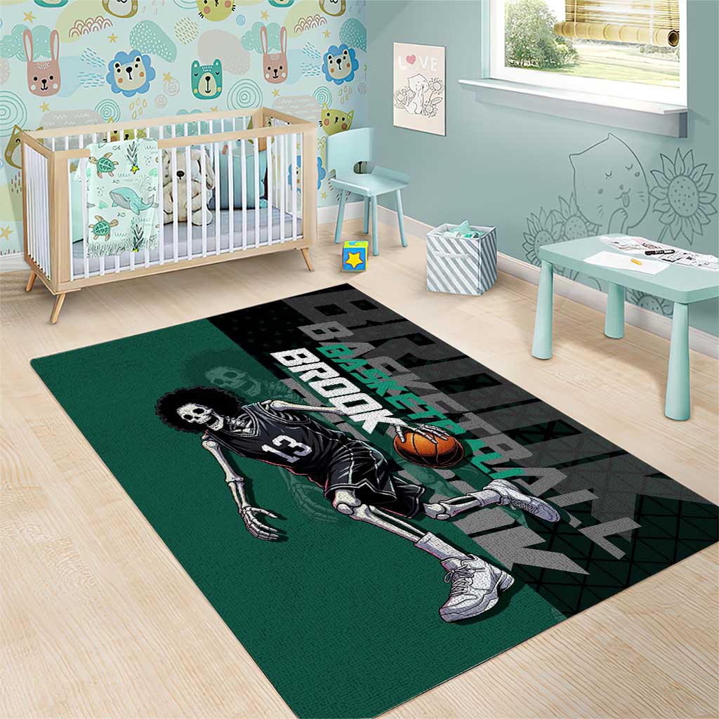 Brook One Piece Basketball Theme Green and Black Design Area Rug with Skull Emblem and Energetic Pose - The Mazicc