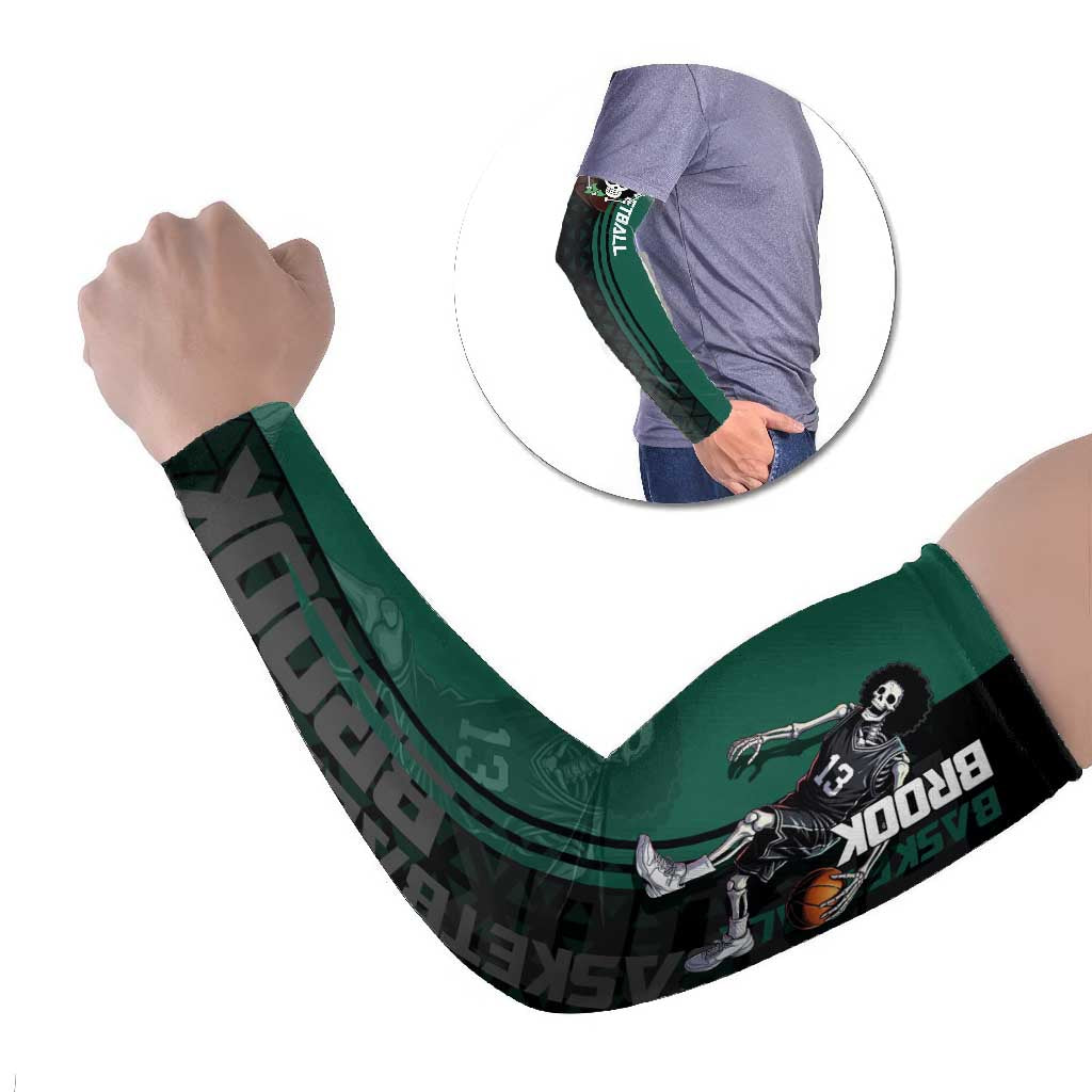Brook One Piece Basketball Theme Green and Black Design Arm Sleeves with Skull Emblem and Energetic Pose - The Mazicc