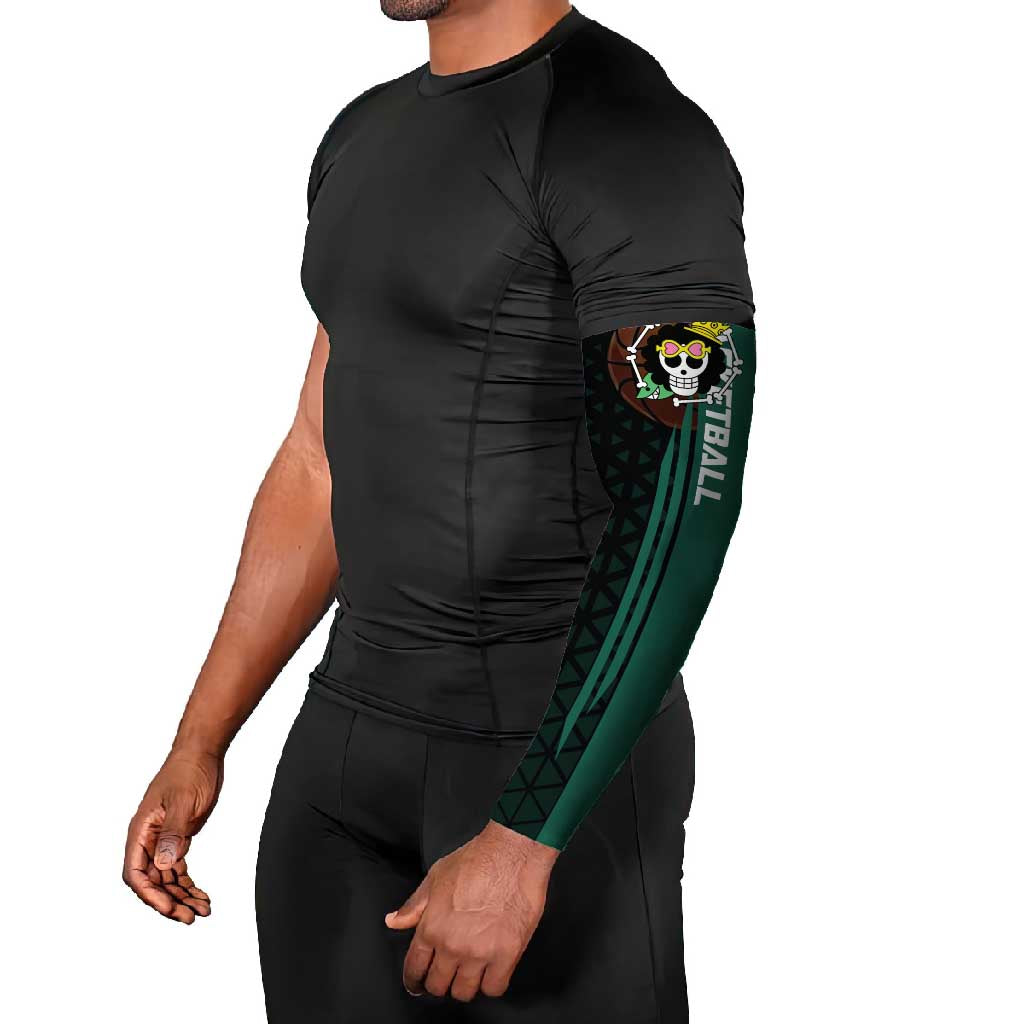 Brook One Piece Basketball Theme Green and Black Design Arm Sleeves with Skull Emblem and Energetic Pose - The Mazicc