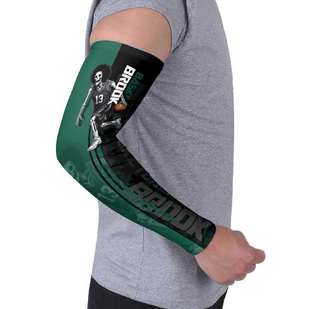 Brook One Piece Basketball Theme Green and Black Design Arm Sleeves with Skull Emblem and Energetic Pose - The Mazicc