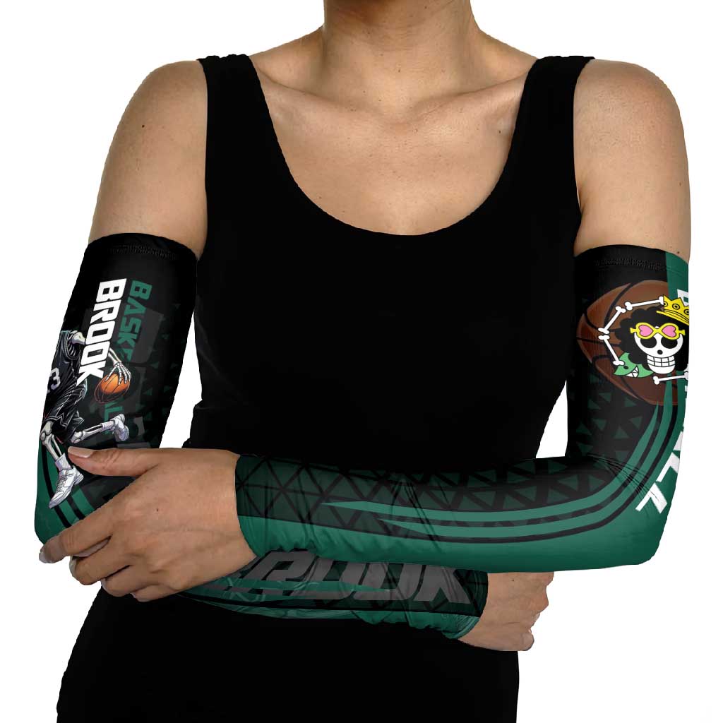 Brook One Piece Basketball Theme Green and Black Design Arm Sleeves with Skull Emblem and Energetic Pose - The Mazicc
