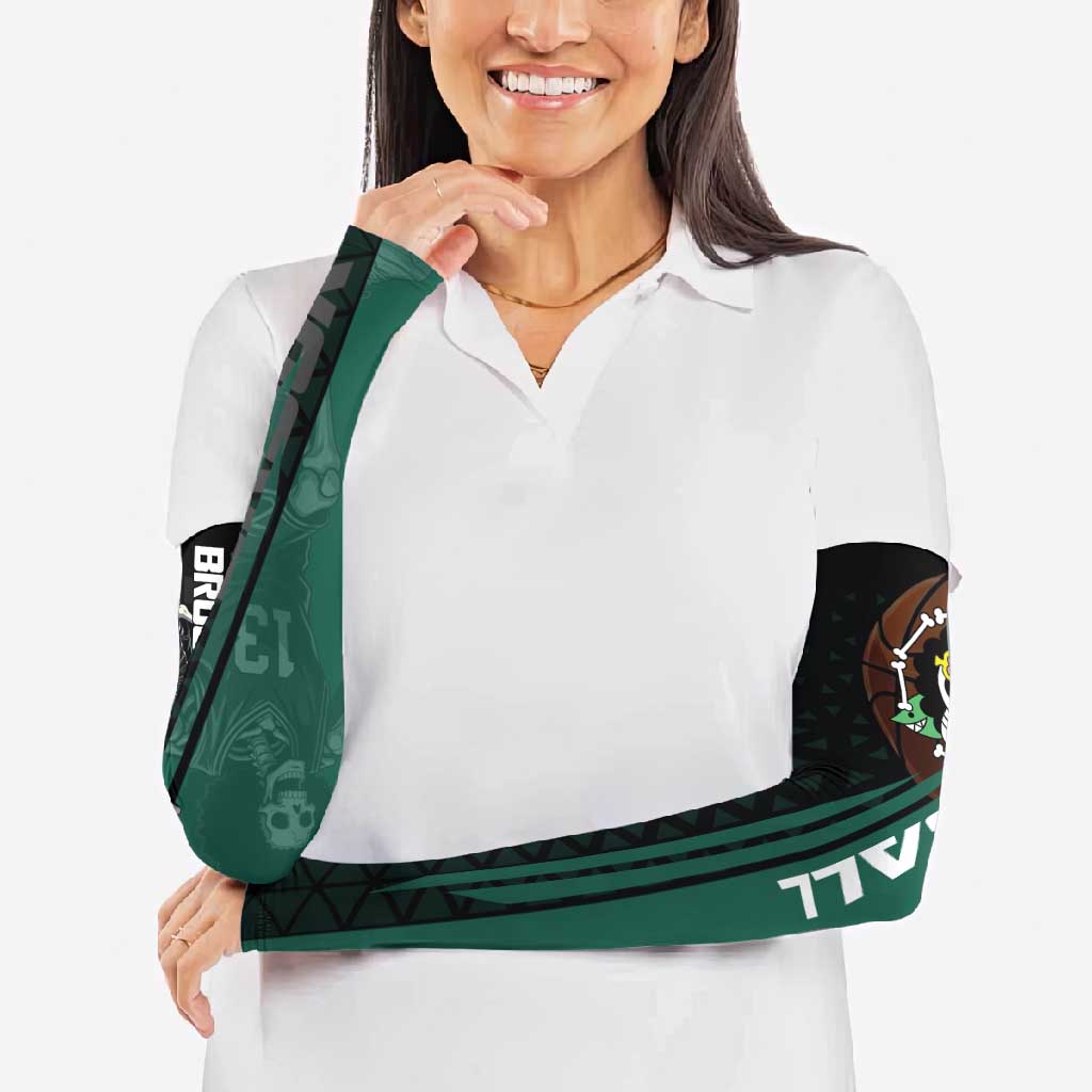 Brook One Piece Basketball Theme Green and Black Design Arm Sleeves with Skull Emblem and Energetic Pose - The Mazicc