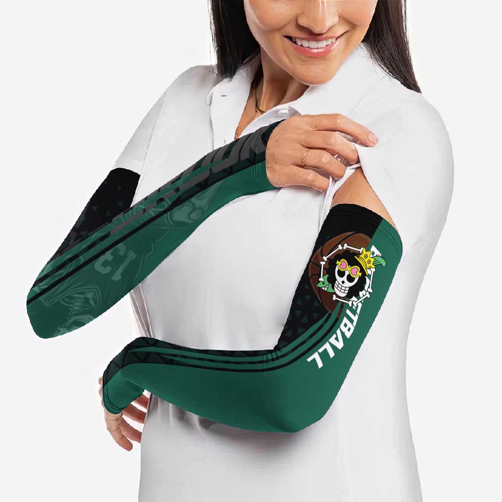 Brook One Piece Basketball Theme Green and Black Design Arm Sleeves with Skull Emblem and Energetic Pose - The Mazicc