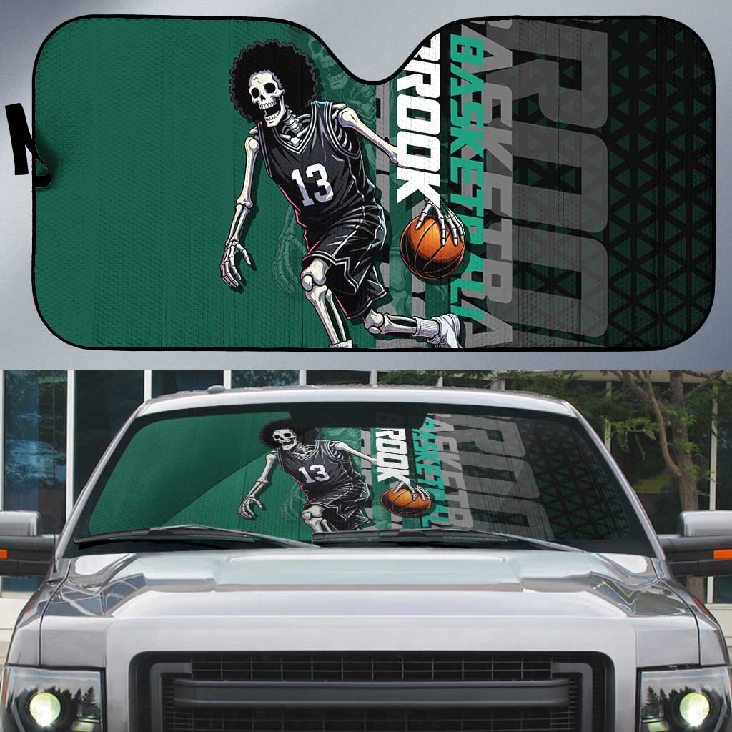 Brook One Piece Basketball Theme Green and Black Design Auto Sun Shade with Skull Emblem and Energetic Pose - The Mazicc