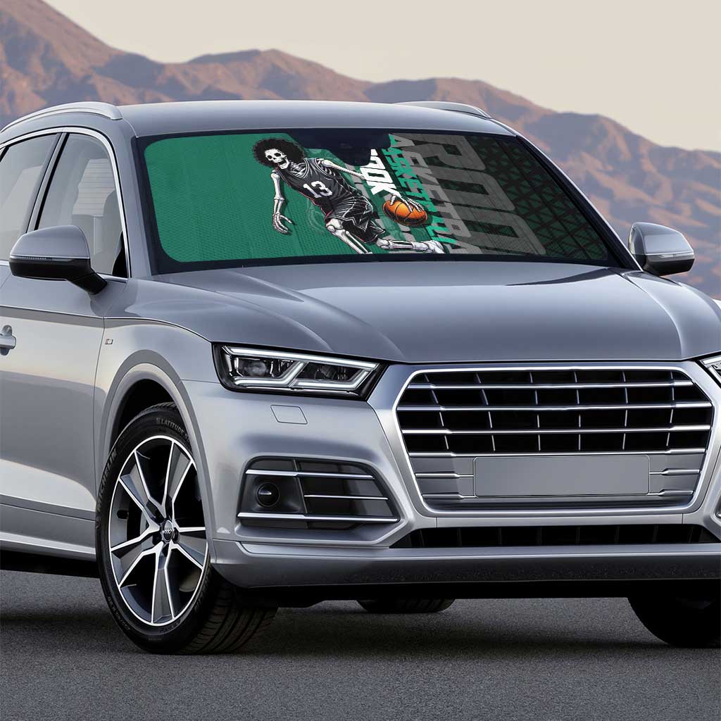 Brook One Piece Basketball Theme Green and Black Design Auto Sun Shade with Skull Emblem and Energetic Pose - The Mazicc