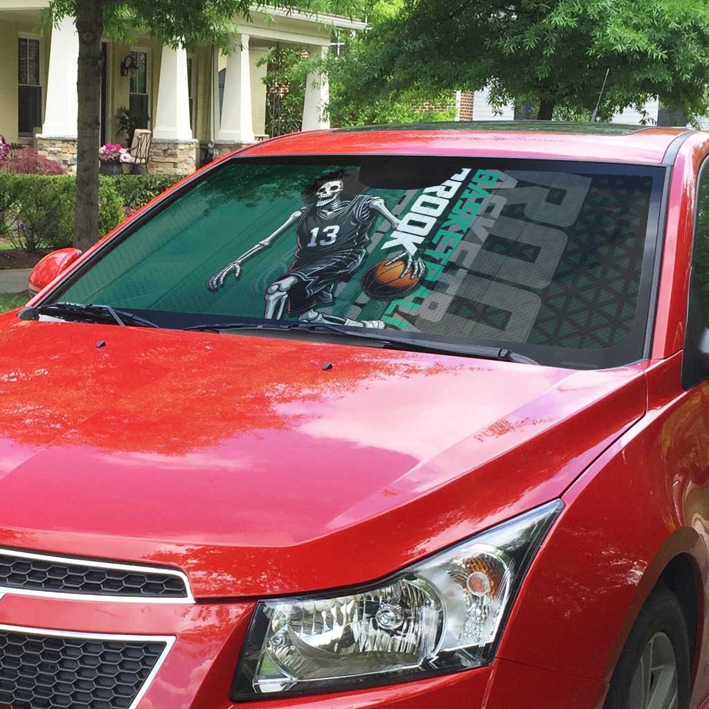 Brook One Piece Basketball Theme Green and Black Design Auto Sun Shade with Skull Emblem and Energetic Pose - The Mazicc
