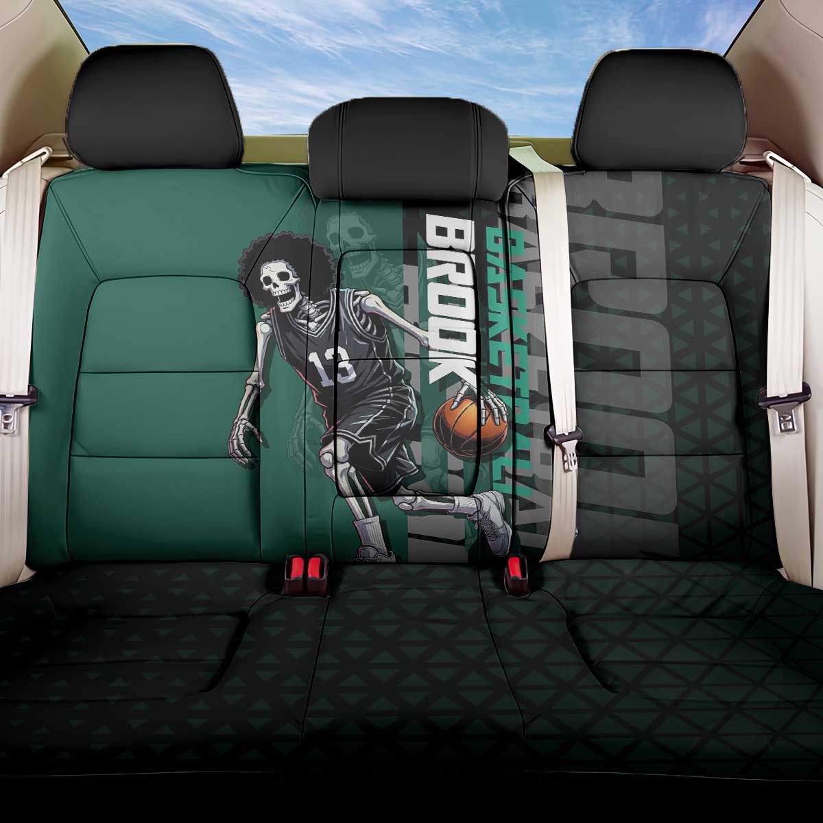 Brook One Piece Basketball Theme Green and Black Design Back Car Seat Cover with Skull Emblem and Energetic Pose - The Mazicc