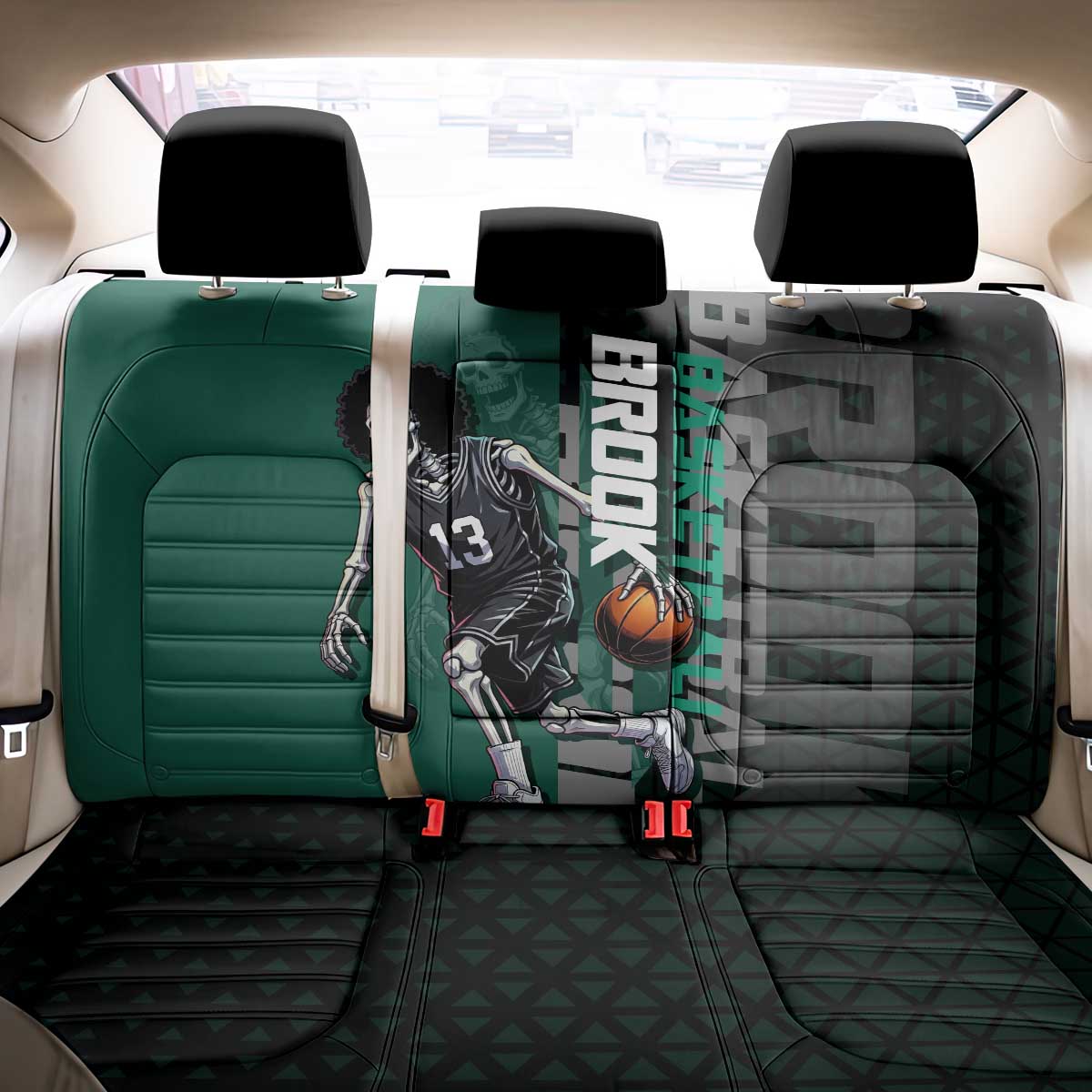 Brook One Piece Basketball Theme Green and Black Design Back Car Seat Cover with Skull Emblem and Energetic Pose - The Mazicc