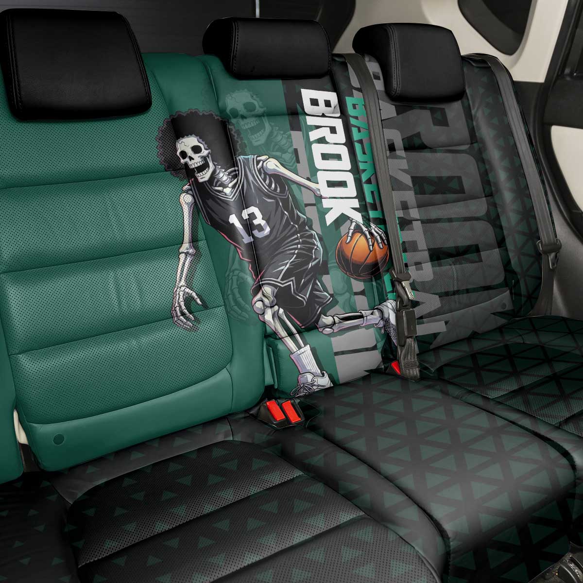 Brook One Piece Basketball Theme Green and Black Design Back Car Seat Cover with Skull Emblem and Energetic Pose - The Mazicc