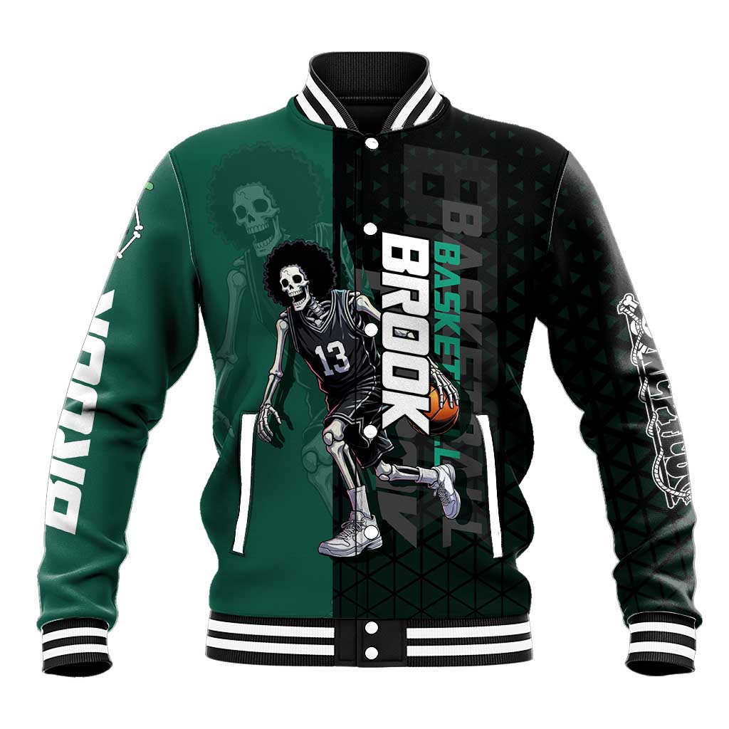 Brook One Piece Basketball Theme Green and Black Design Baseball Jacket with Skull Emblem and Energetic Pose - The Mazicc