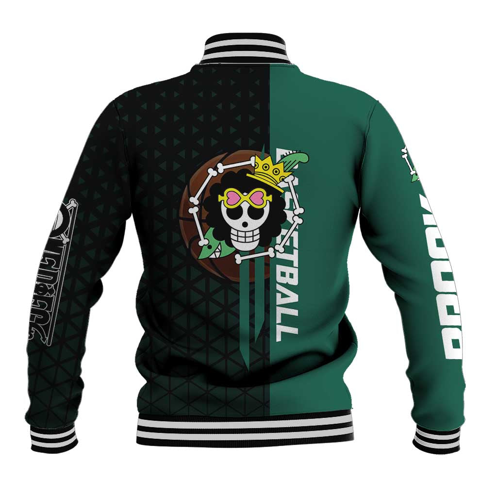 Brook One Piece Basketball Theme Green and Black Design Baseball Jacket with Skull Emblem and Energetic Pose - The Mazicc