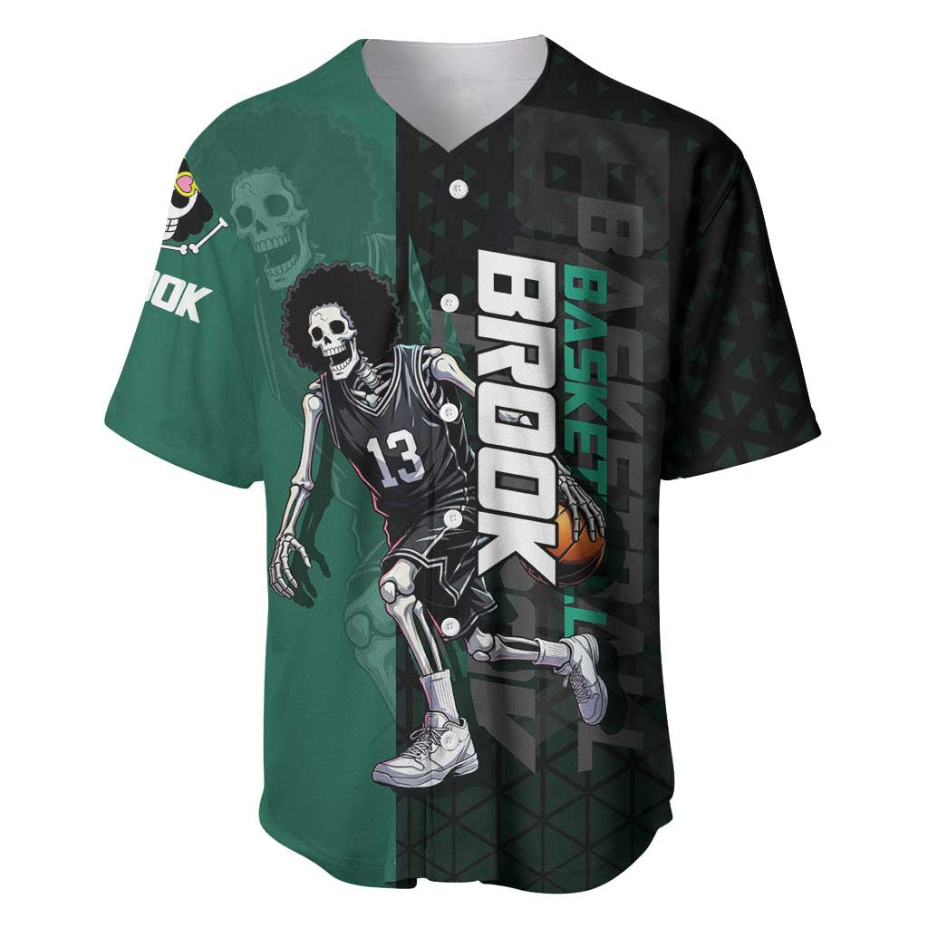 Brook One Piece Basketball Theme Green and Black Design Baseball Jersey with Skull Emblem and Energetic Pose - The Mazicc