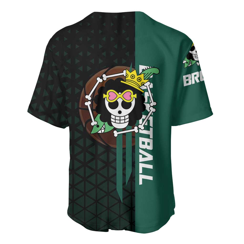 Brook One Piece Basketball Theme Green and Black Design Baseball Jersey with Skull Emblem and Energetic Pose - The Mazicc