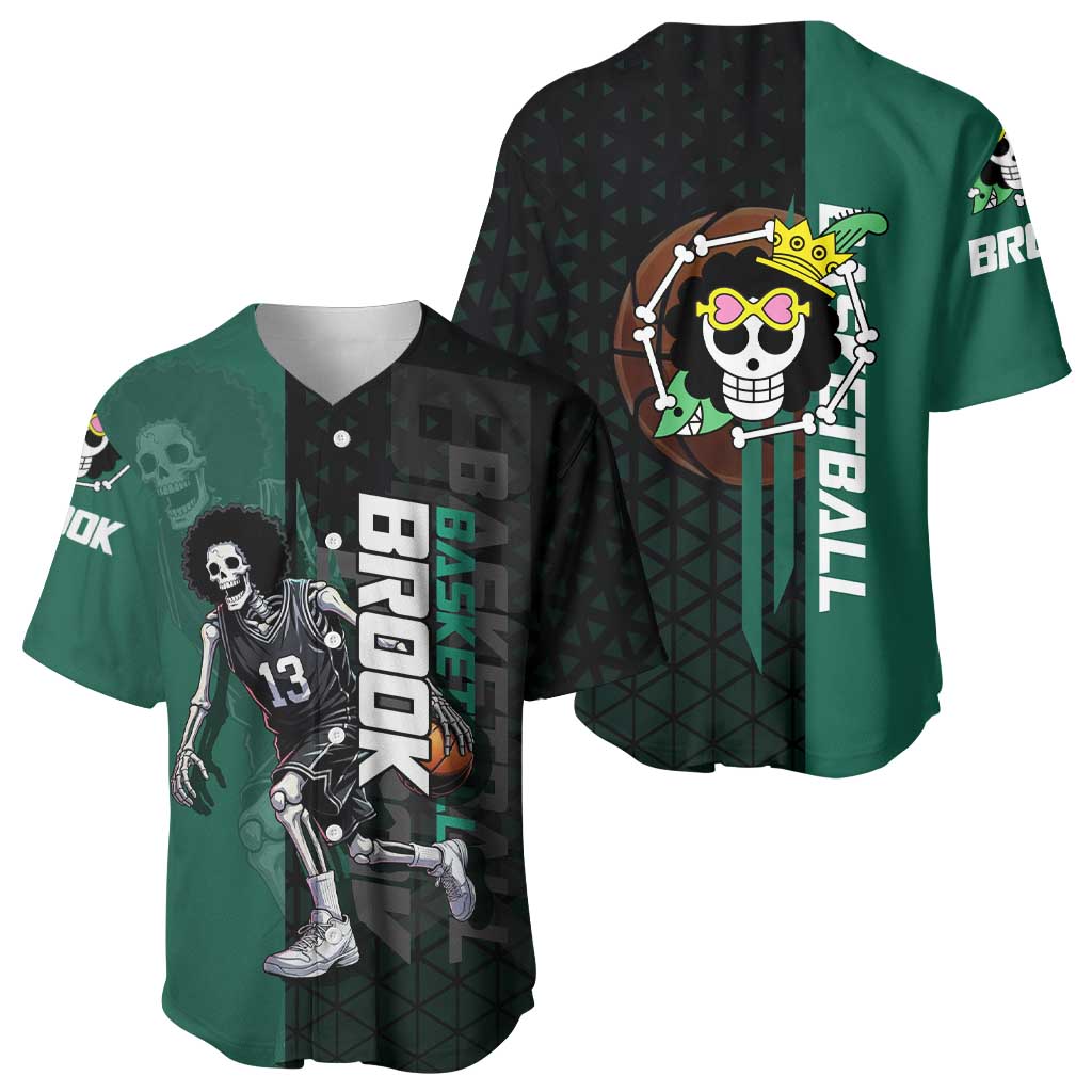 Brook One Piece Basketball Theme Green and Black Design Baseball Jersey with Skull Emblem and Energetic Pose - The Mazicc