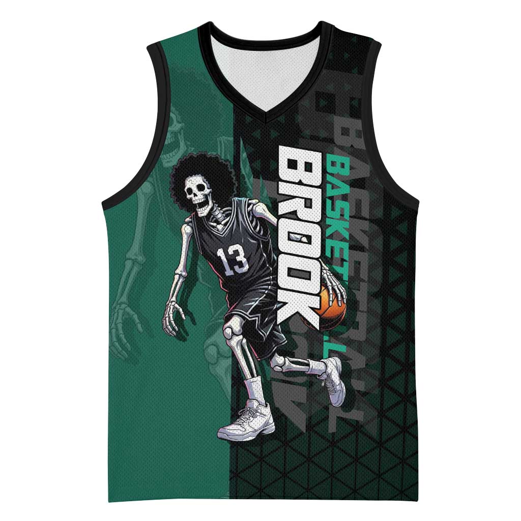 Brook One Piece Basketball Theme Green and Black Design Basketball Jersey with Skull Emblem and Energetic Pose - The Mazicc