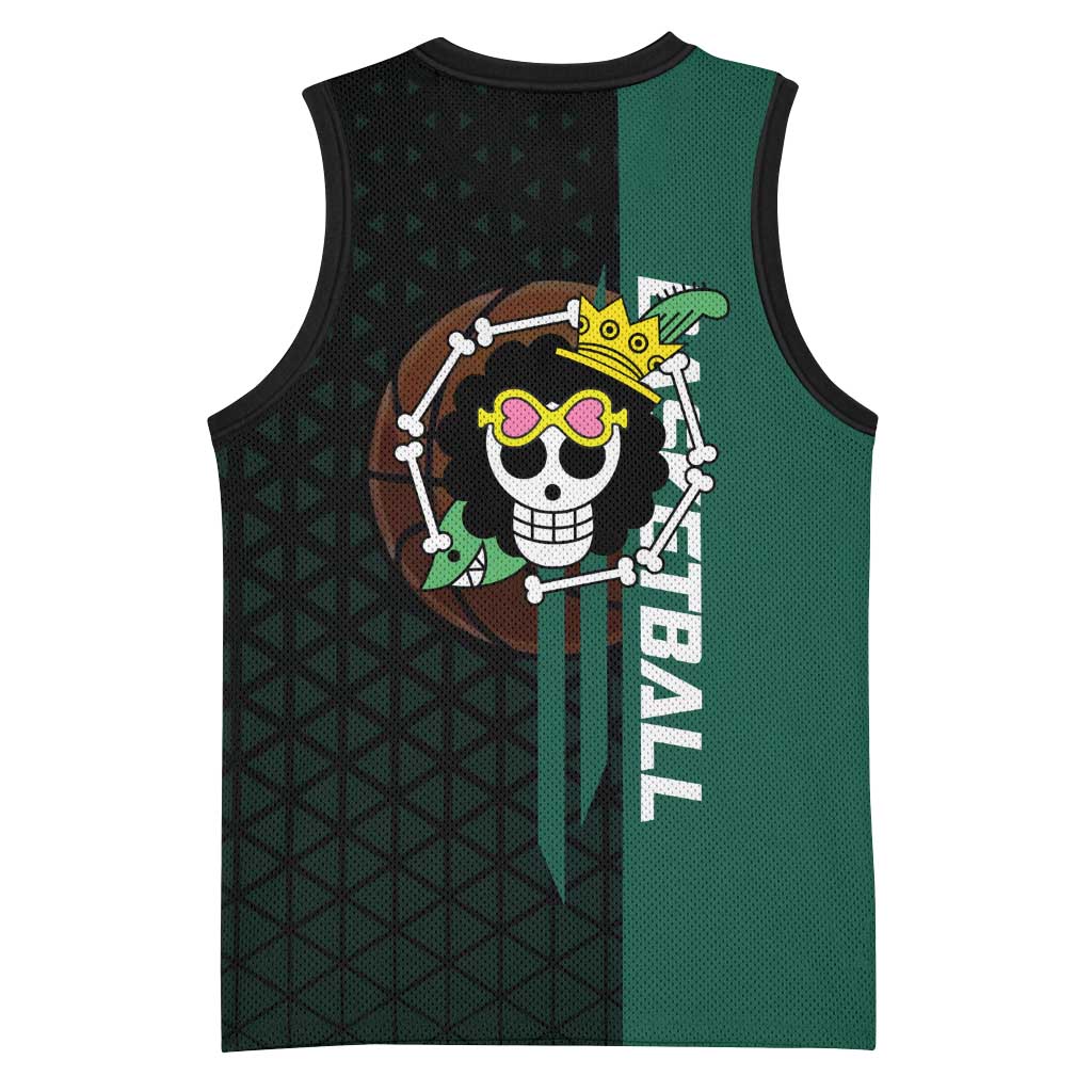 Brook One Piece Basketball Theme Green and Black Design Basketball Jersey with Skull Emblem and Energetic Pose - The Mazicc