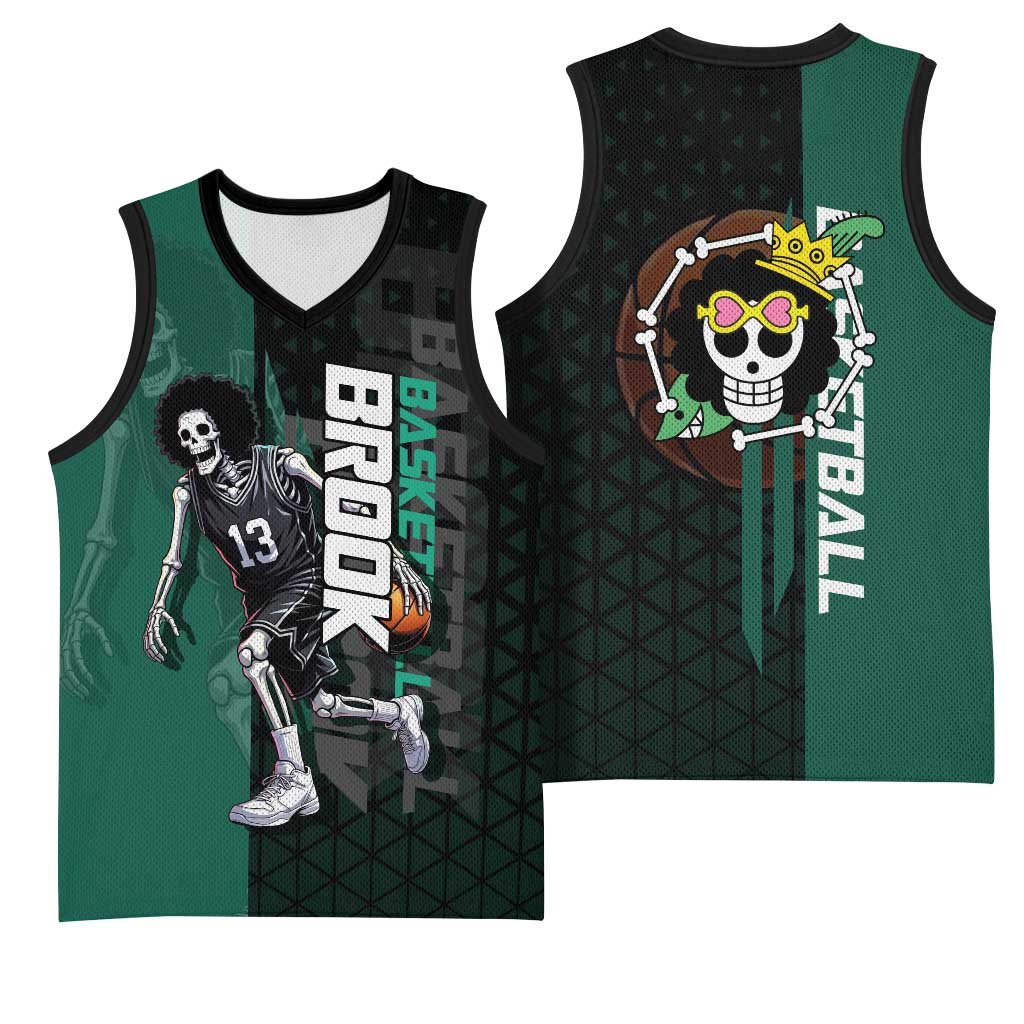 Brook One Piece Basketball Theme Green and Black Design Basketball Jersey with Skull Emblem and Energetic Pose - The Mazicc