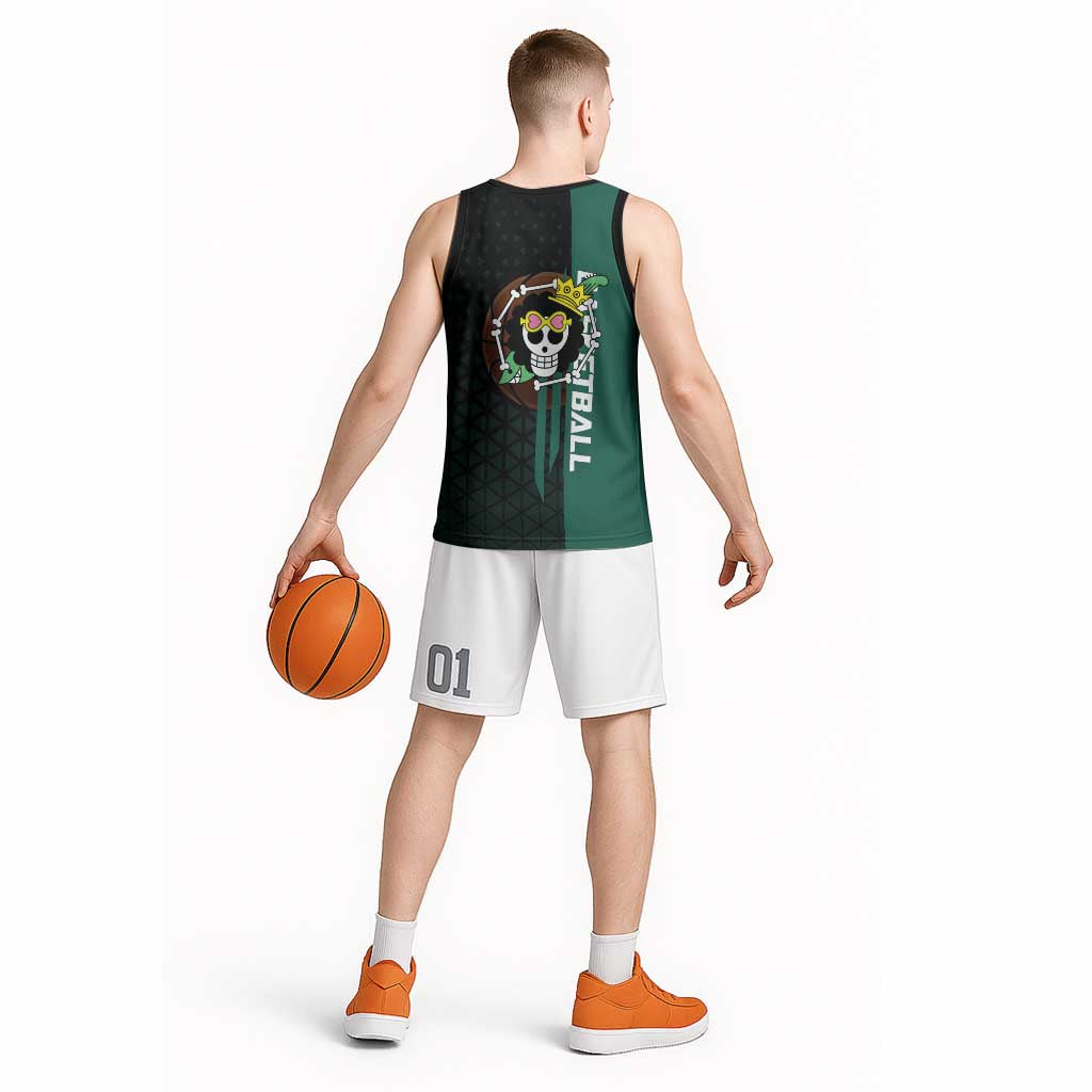 Brook One Piece Basketball Theme Green and Black Design Basketball Jersey with Skull Emblem and Energetic Pose - The Mazicc
