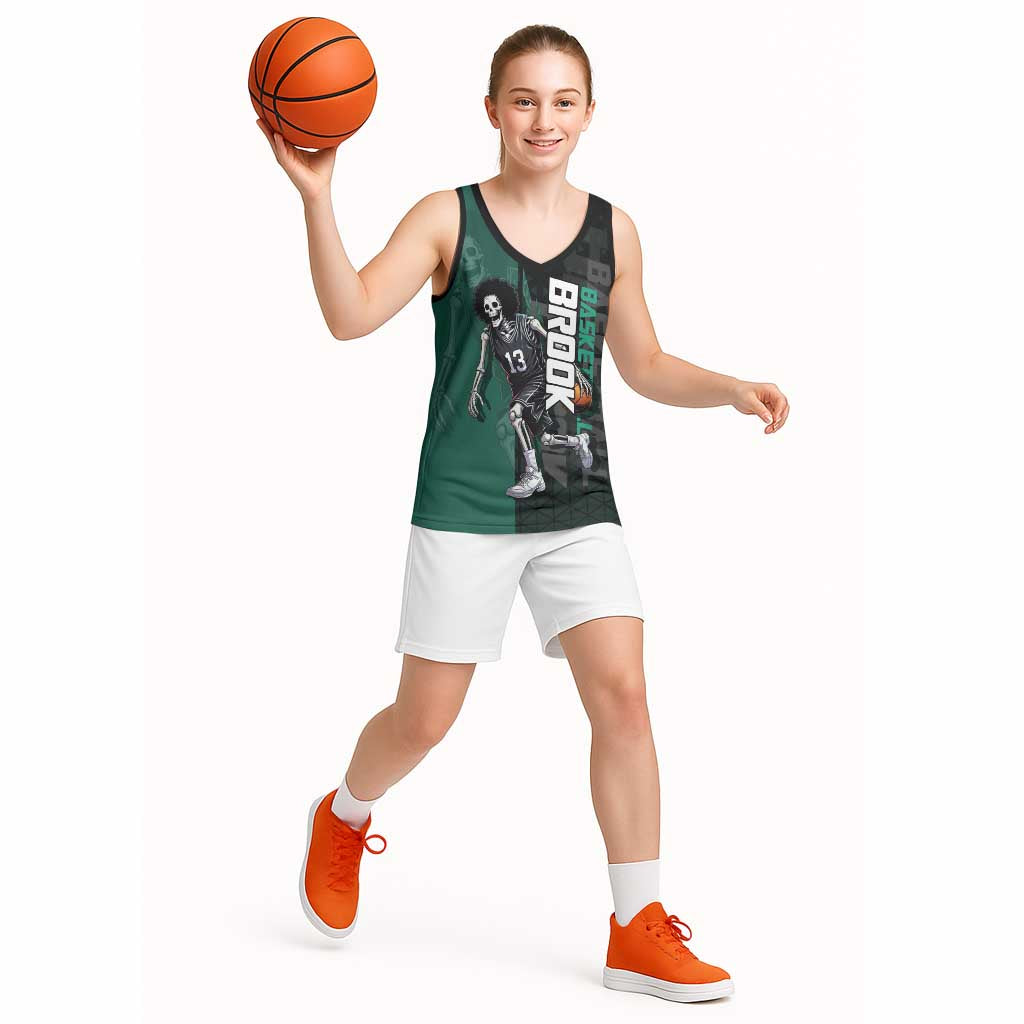 Brook One Piece Basketball Theme Green and Black Design Basketball Jersey with Skull Emblem and Energetic Pose - The Mazicc