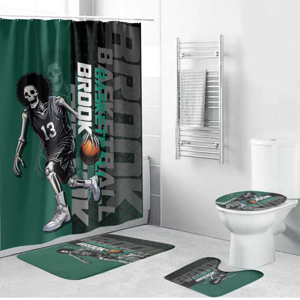 Brook One Piece Basketball Theme Green and Black Design Bathroom Set with Skull Emblem and Energetic Pose - The Mazicc