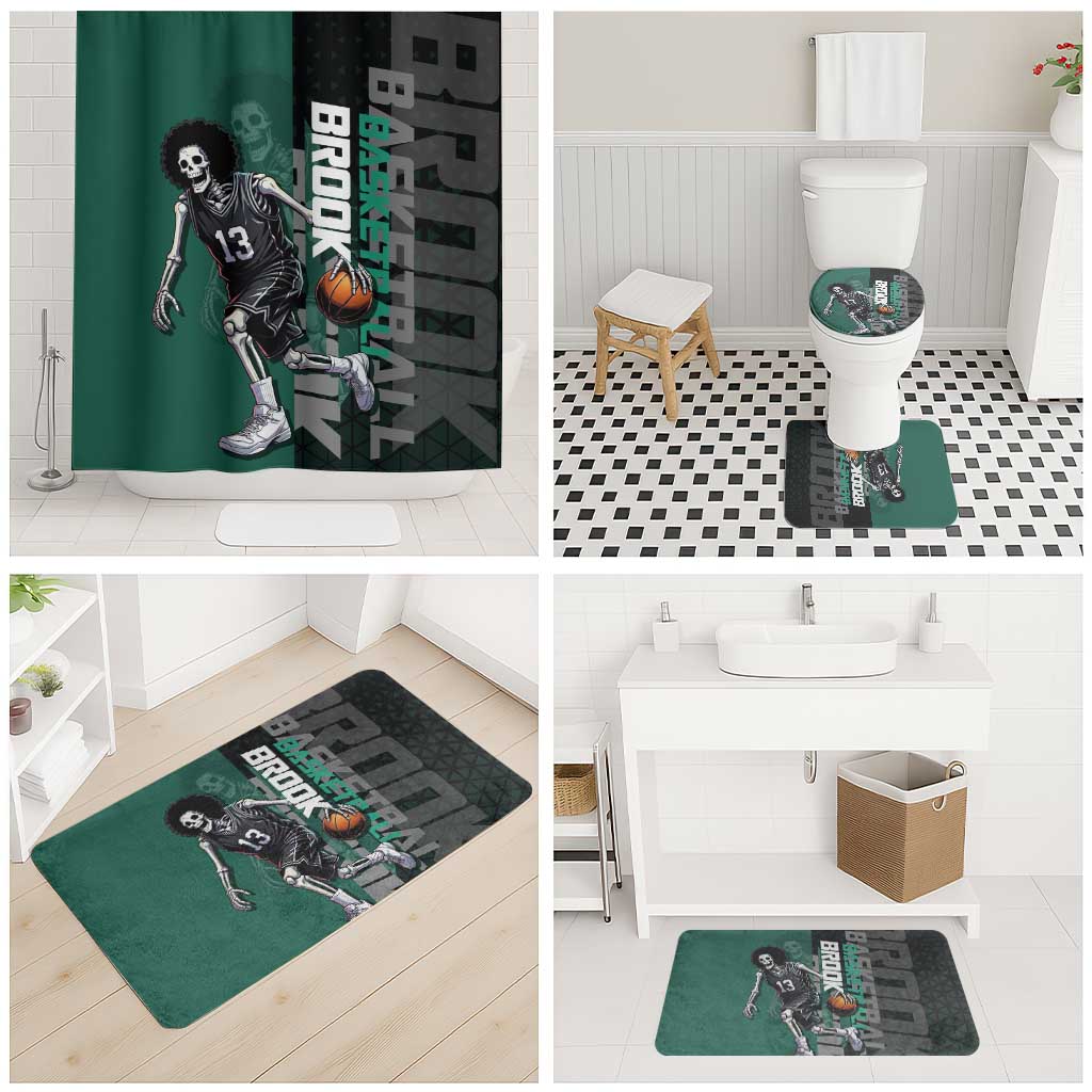 Brook One Piece Basketball Theme Green and Black Design Bathroom Set with Skull Emblem and Energetic Pose - The Mazicc