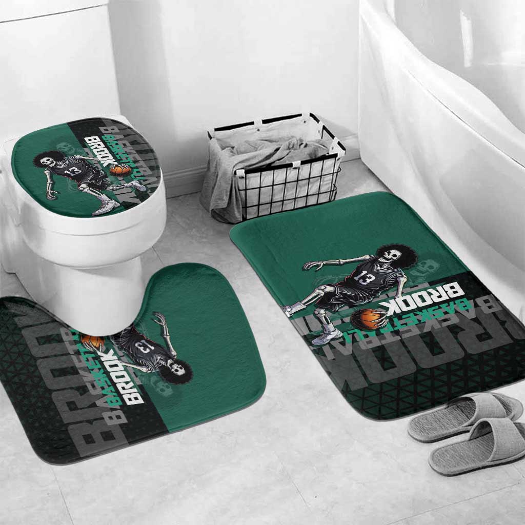 Brook One Piece Basketball Theme Green and Black Design Bathroom Set with Skull Emblem and Energetic Pose - The Mazicc