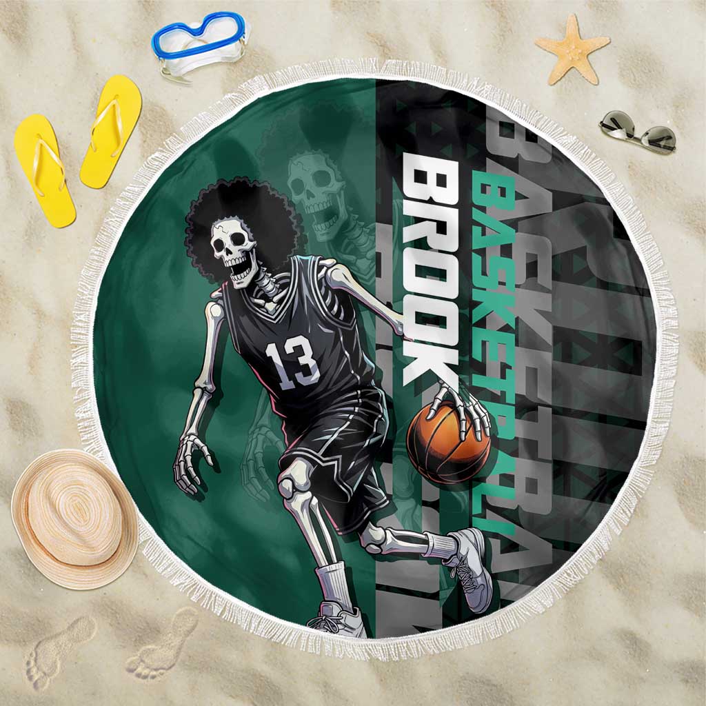 Brook One Piece Basketball Theme Green and Black Design Beach Blanket with Skull Emblem and Energetic Pose - The Mazicc