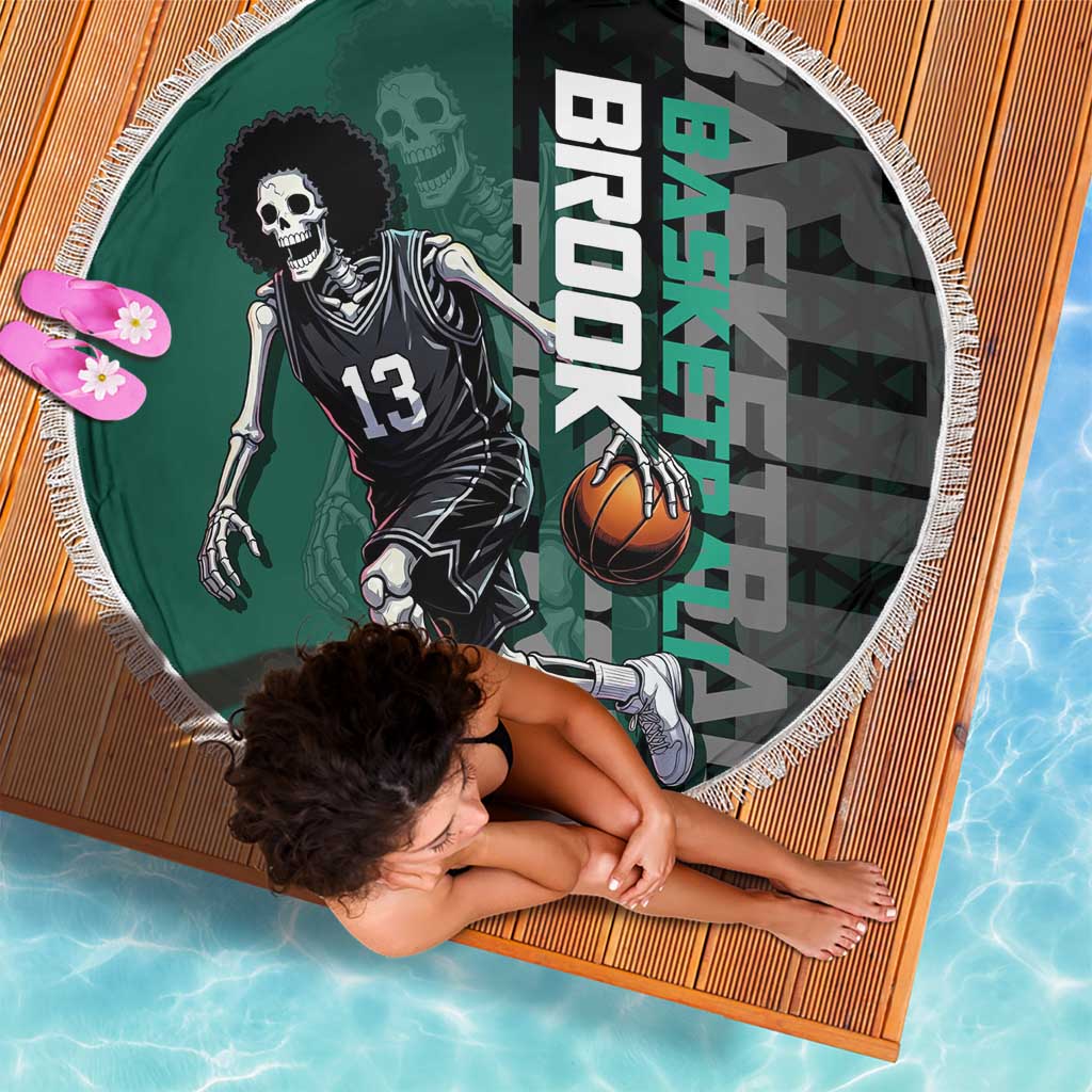 Brook One Piece Basketball Theme Green and Black Design Beach Blanket with Skull Emblem and Energetic Pose - The Mazicc