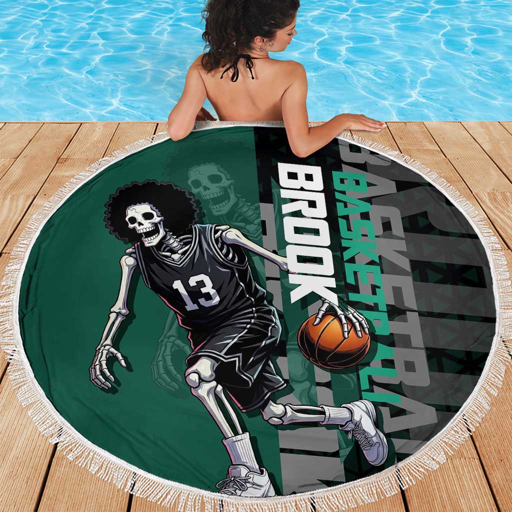 Brook One Piece Basketball Theme Green and Black Design Beach Blanket with Skull Emblem and Energetic Pose - The Mazicc