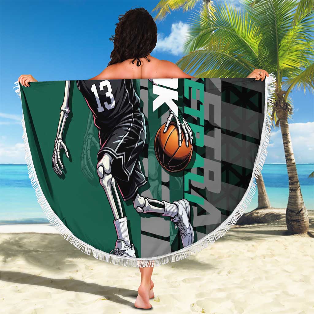 Brook One Piece Basketball Theme Green and Black Design Beach Blanket with Skull Emblem and Energetic Pose - The Mazicc