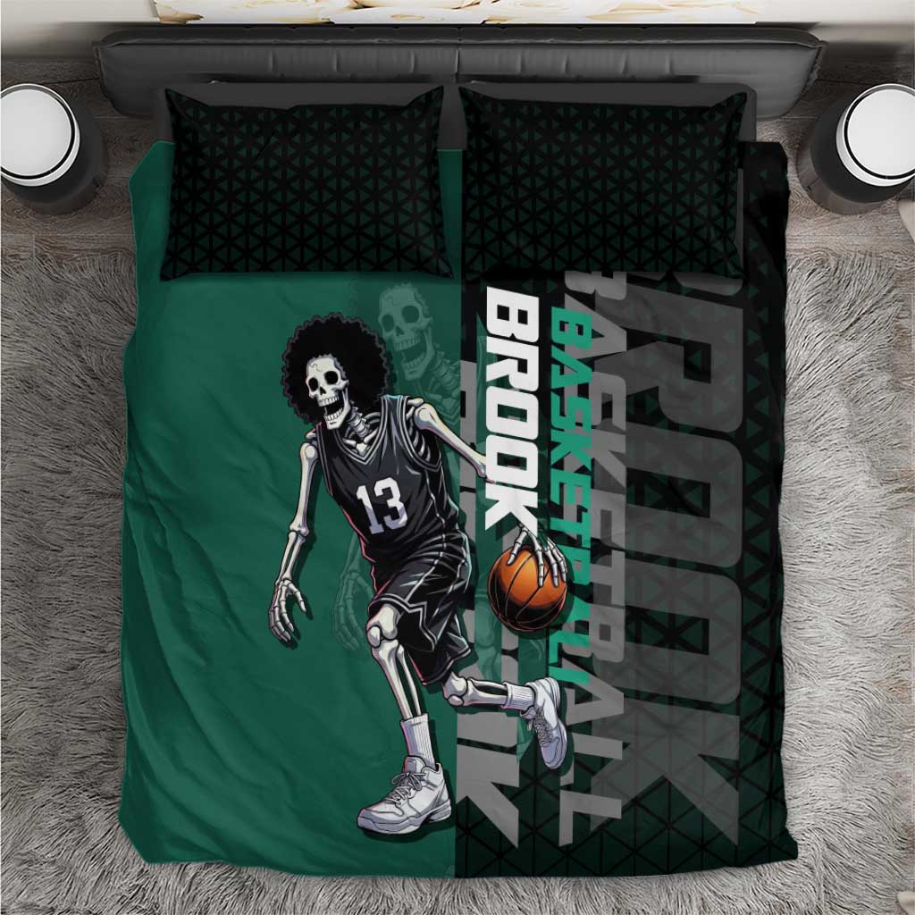 Brook One Piece Basketball Theme Green and Black Design Bedding Set with Skull Emblem and Energetic Pose - The Mazicc