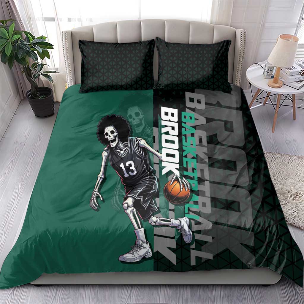 Brook One Piece Basketball Theme Green and Black Design Bedding Set with Skull Emblem and Energetic Pose - The Mazicc