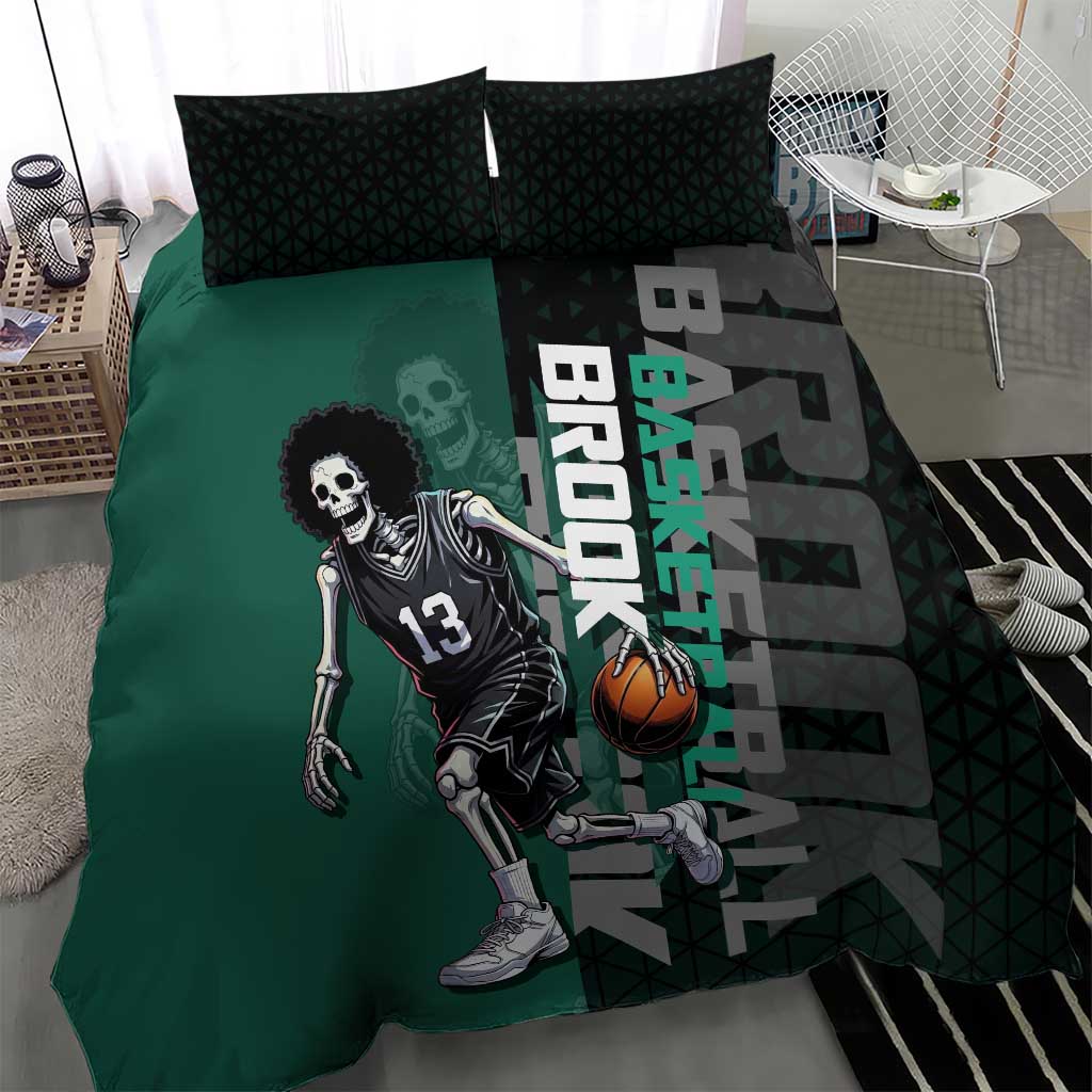 Brook One Piece Basketball Theme Green and Black Design Bedding Set with Skull Emblem and Energetic Pose - The Mazicc