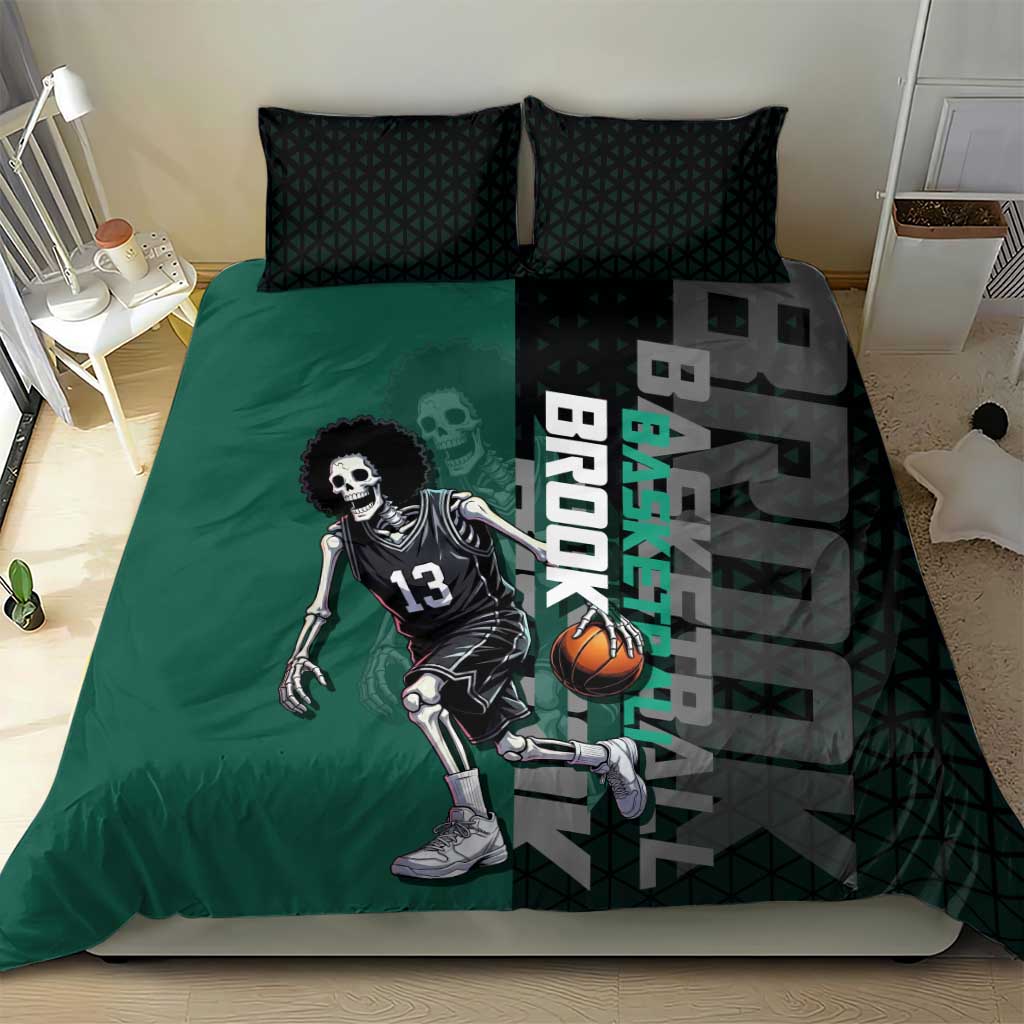 Brook One Piece Basketball Theme Green and Black Design Bedding Set with Skull Emblem and Energetic Pose - The Mazicc
