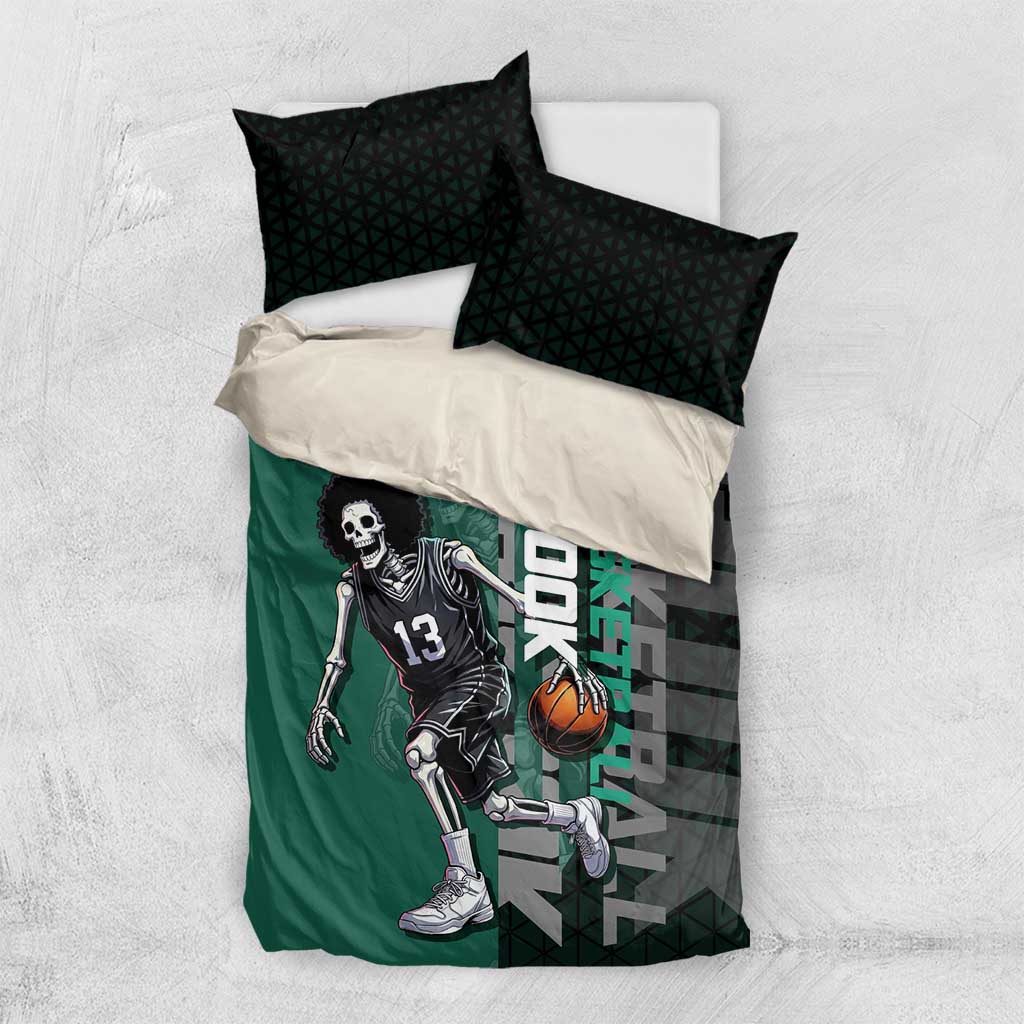 Brook One Piece Basketball Theme Green and Black Design Bedding Set with Skull Emblem and Energetic Pose - The Mazicc